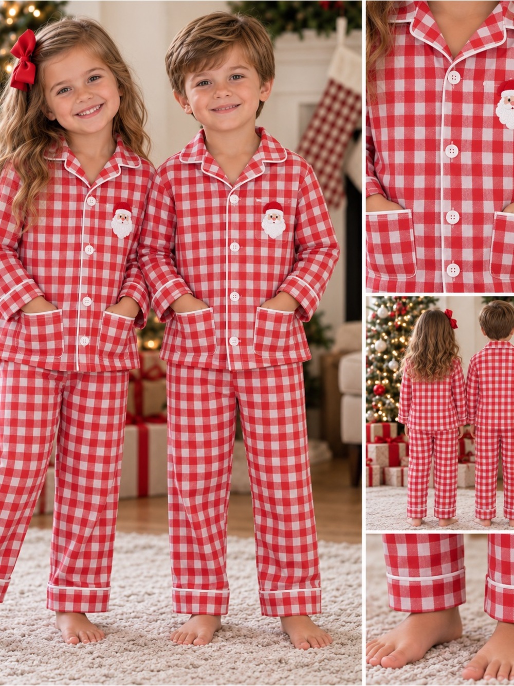 SWEET DREAMS Kids Unisex Red Gingham Santa Patch Pajama Set Size 5.EUC